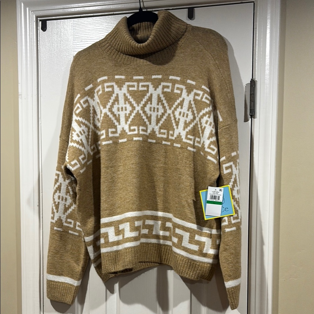 CeCe Tan and White Turtleneck Sweater
